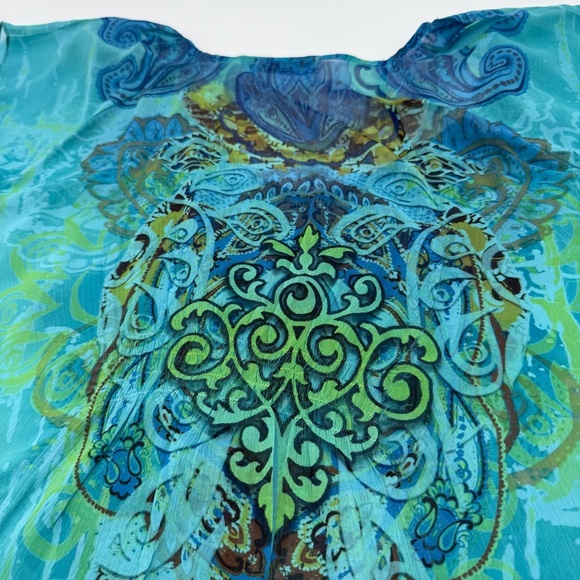 Unity World Wear Women’s Blue Green Studded Patterned Top Medium Flutter Sleeve - Picture 9 of 15